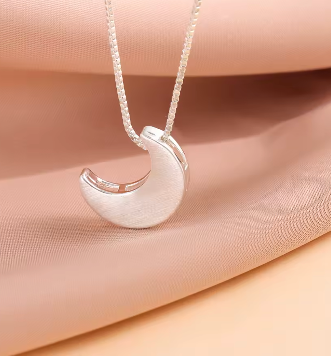 Silver Brushed Crescent Moon Pendant Necklace
