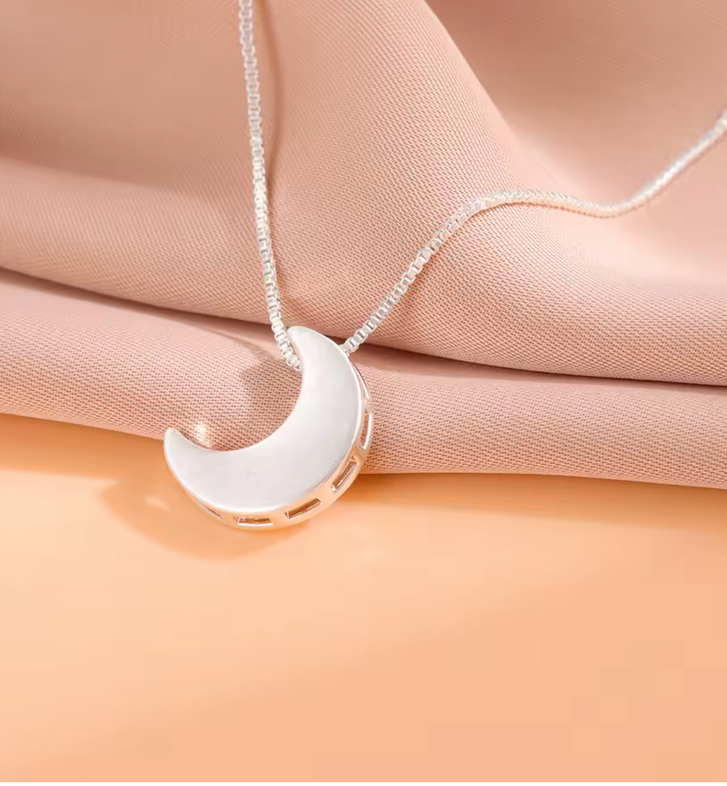 Silver Brushed Crescent Moon Pendant Necklace