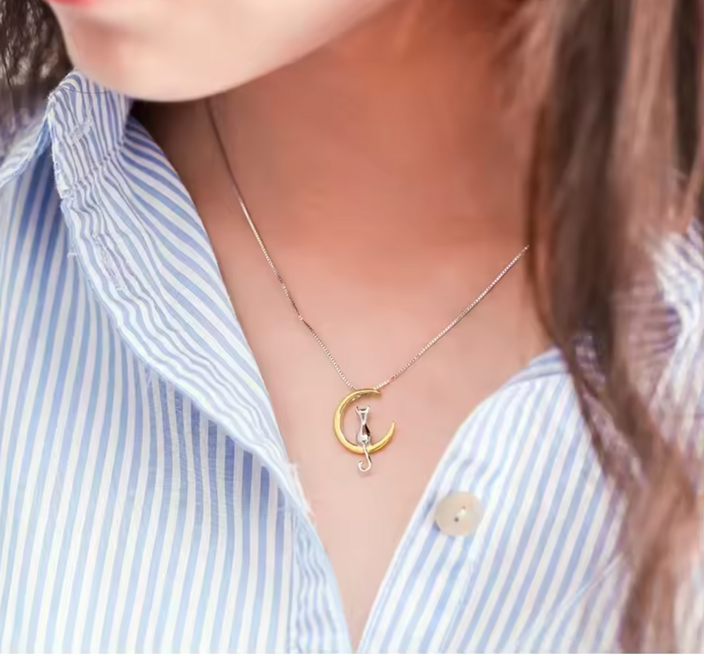 New 925 Sterling Silver Moon Cat Pendant Necklace for Women