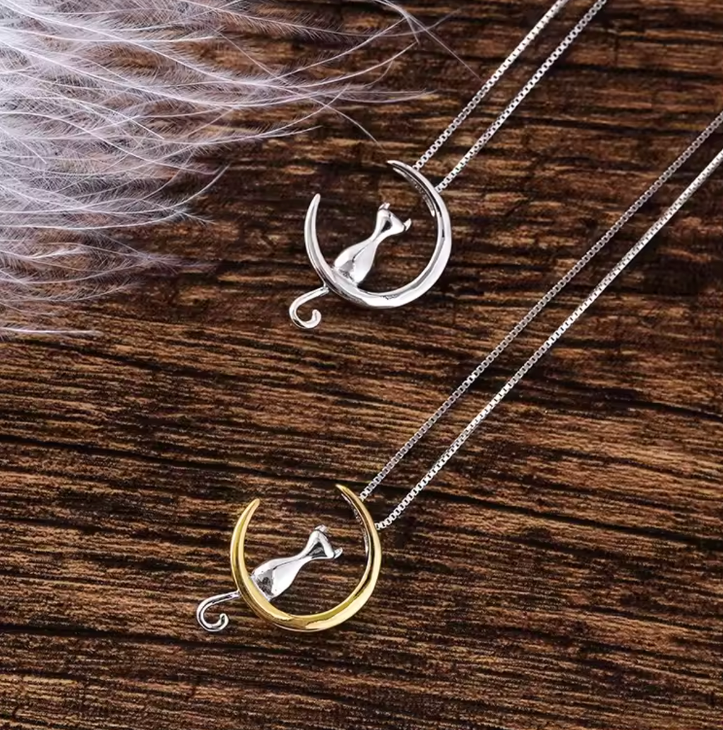 New 925 Sterling Silver Moon Cat Pendant Necklace for Women