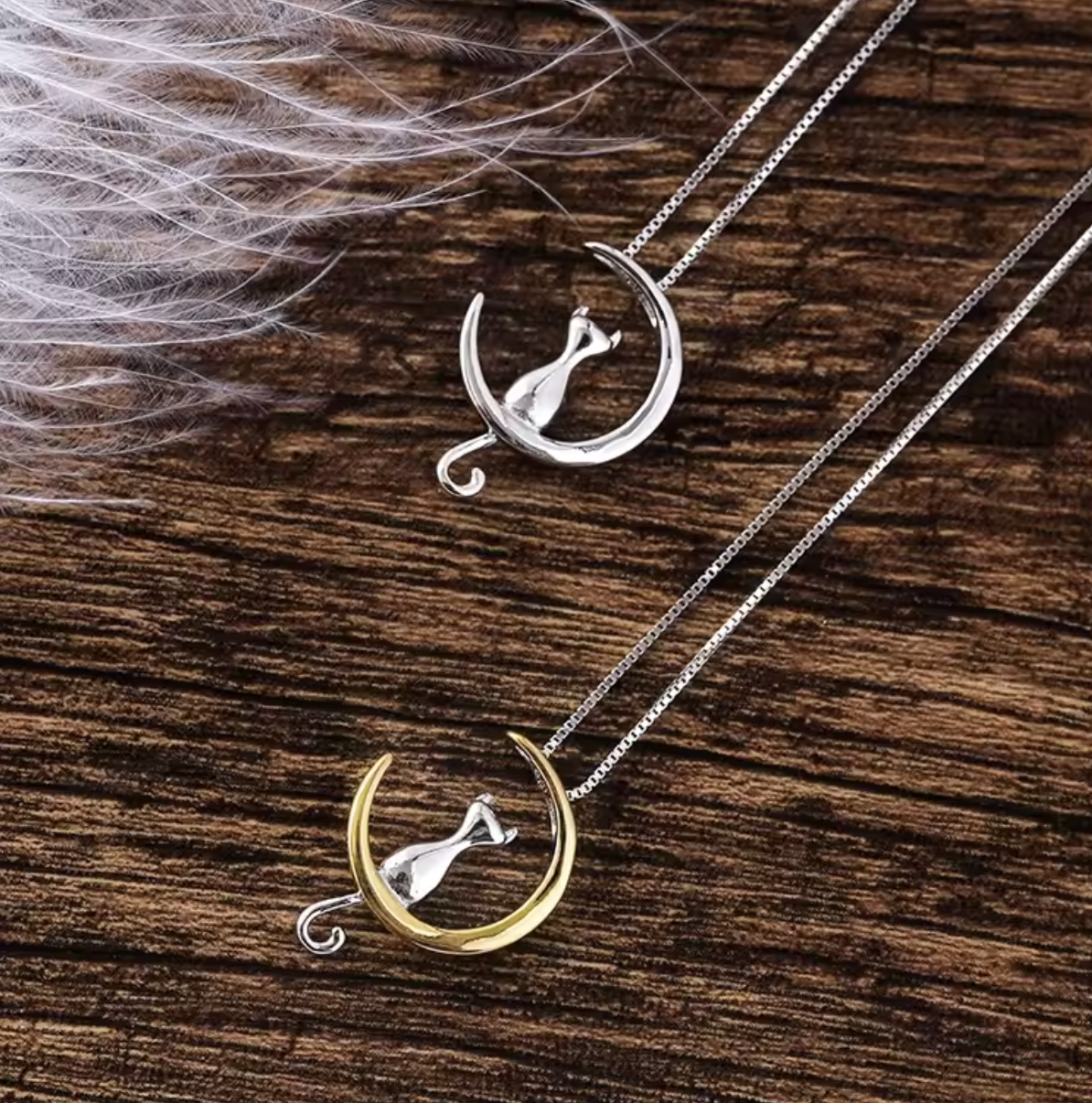 New 925 Sterling Silver Moon Cat Pendant Necklace for Women
