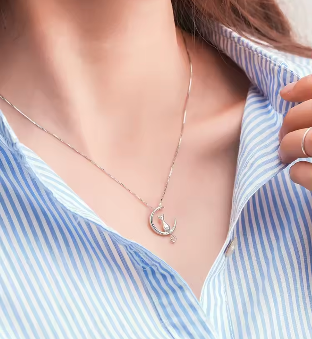 New 925 Sterling Silver Moon Cat Pendant Necklace for Women